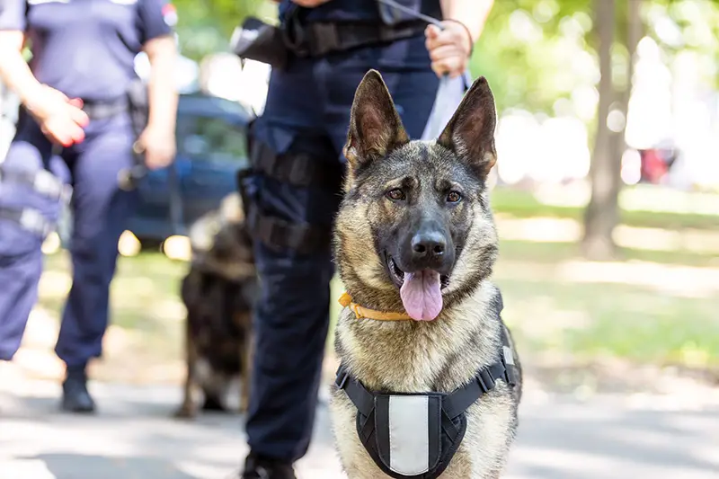 Police K9 dog with officers, indicating drug detection or police presence; handled by Lori Beck Law Office in Denver.