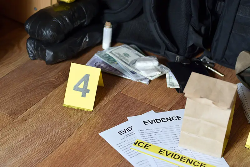 Drug evidence and cash labeled at a crime scene, indicating drug charges; defended by Lori Beck Law Office in Denver.