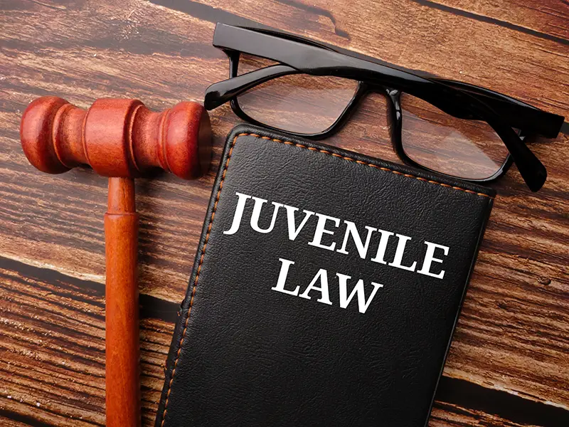 Book titled "JUVENILE LAW" with a gavel and glasses; Lori Beck Law Office specializes in juvenile defense in Denver, CO.