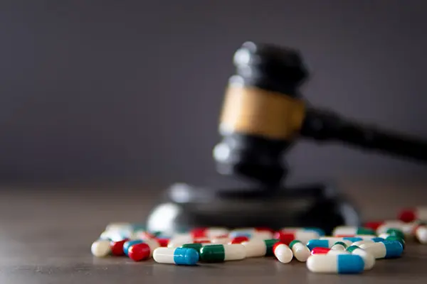 Gavel with prescription pills symbolizing Colorado drug crime penalties
