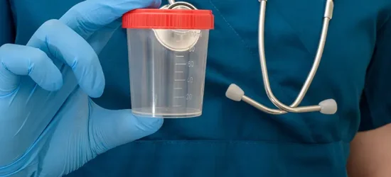 Medical professional holding a urine sample cup for drug testing, relevant to DUI/DWAI defense by Lori Beck Law Office in Denver.
