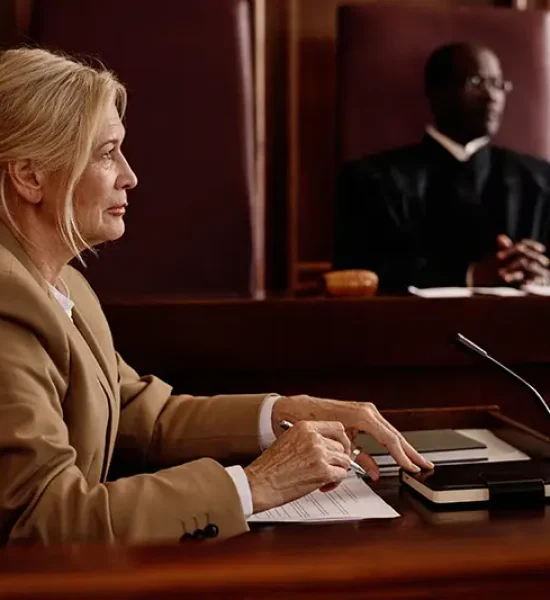 Attorney in a Denver courtroom with a judge, representing criminal defense trial