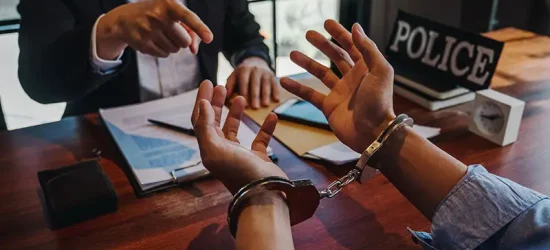 Handcuffed person with police in an interrogation room; Lori Beck Law Office offers defense against false arrests in Denver, CO.