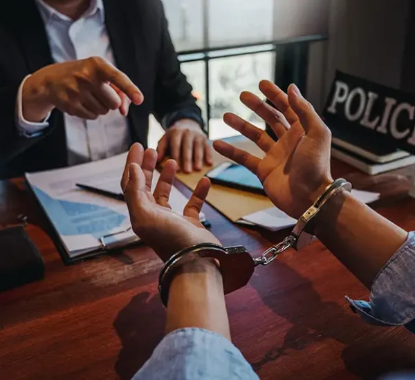 Handcuffed person with police in an interrogation room; Lori Beck Law Office offers defense against false arrests in Denver, CO.